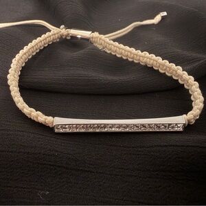Henri Bendel White Braided Cord Bar Bracelet Adjustable Crystal Silver Signed
